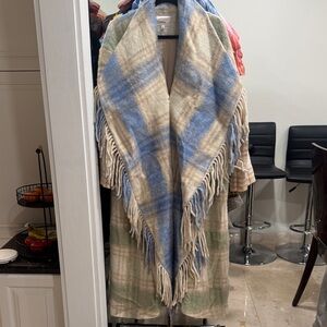 Cinq à Sept Plaid Fringe Coat in Blue and Beige